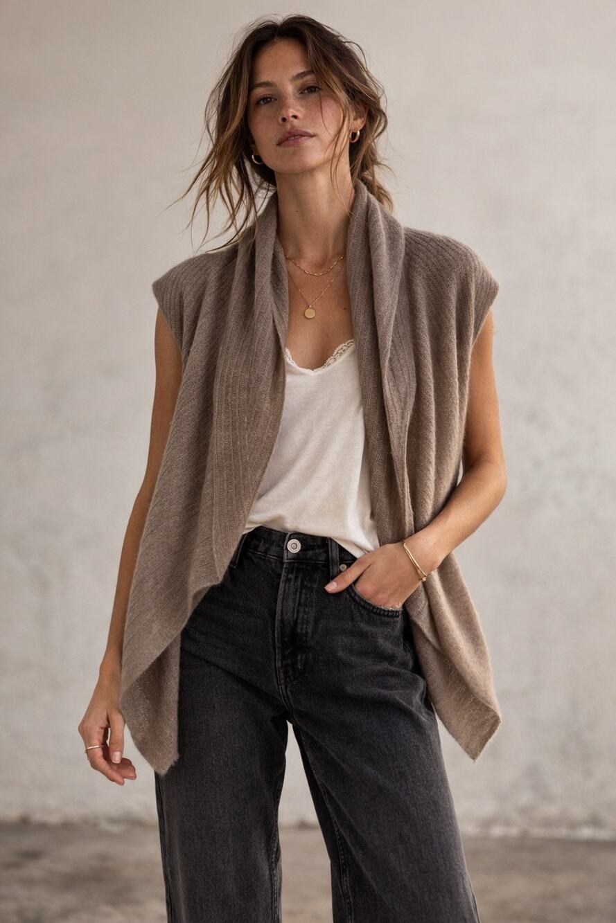 Ovcio Cashmere Luxury Sweater Vest Lightweight Shawl Collar Small Tan Brown